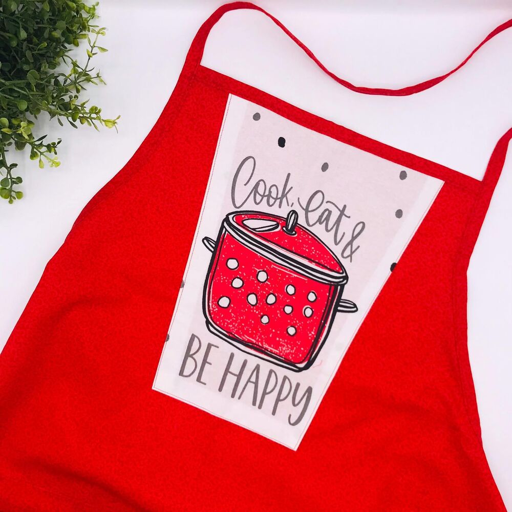 Unisex Cotton Apron: One Size Fits All, Red, Stockpot Print, 2 Pockets, Ruffles